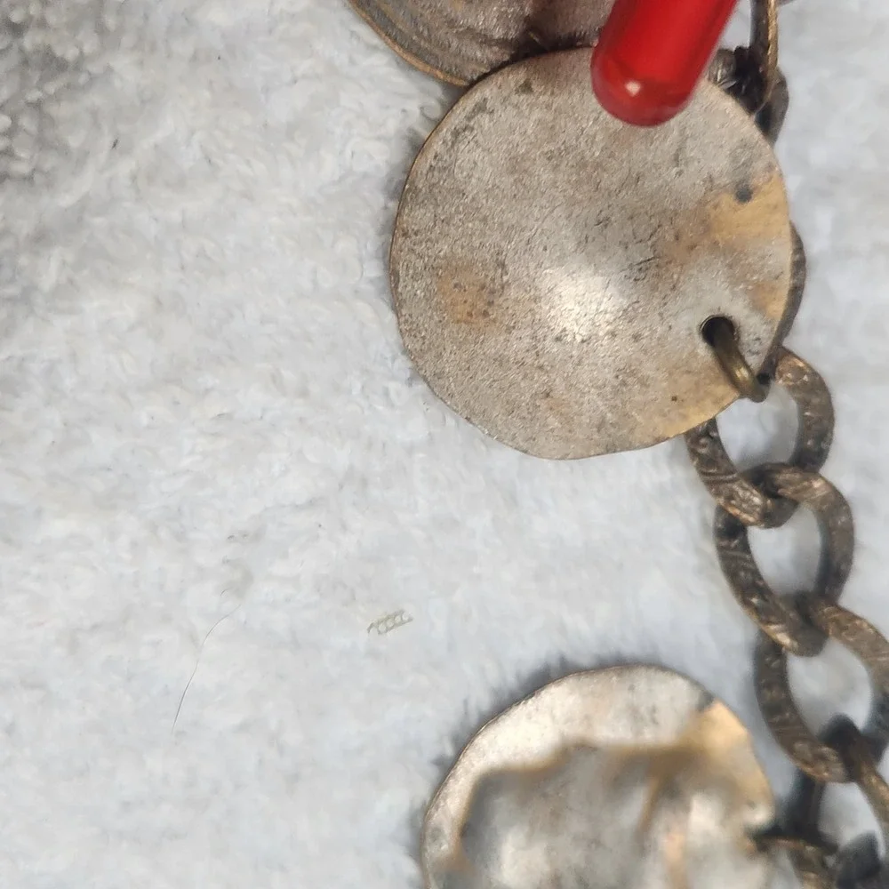 Vintage Coin Charm Bracelet Hercules Medallion Brass Tone Ornate‎ Chain AS IS